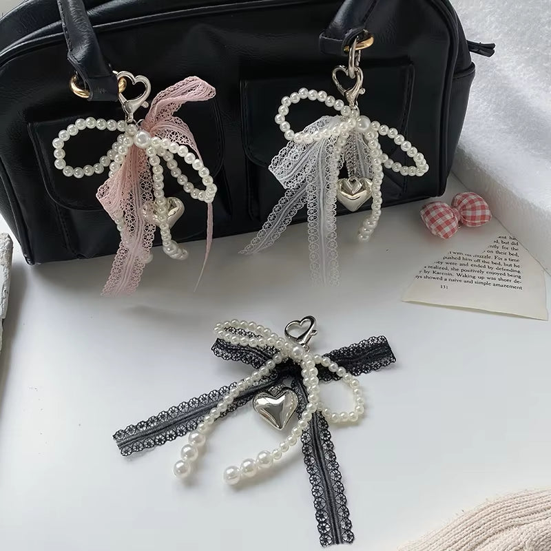 "Lovely Lace Bow Keychain with Beads ; Phone Charm Strap Pendant and Bag Accessory for Females"