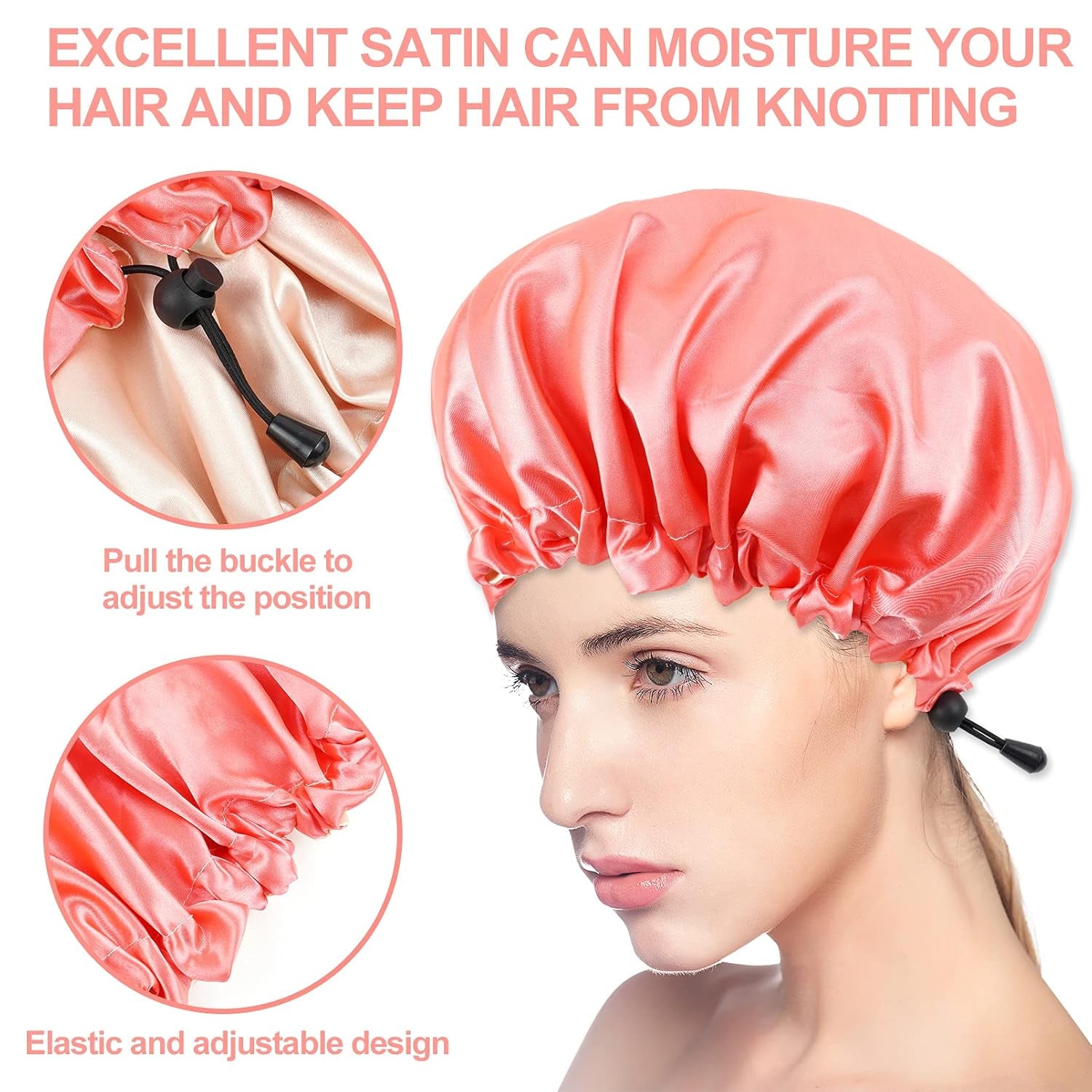 Satin Sleep Cap, Double-Sided Adjustable Bonnet (Coral)