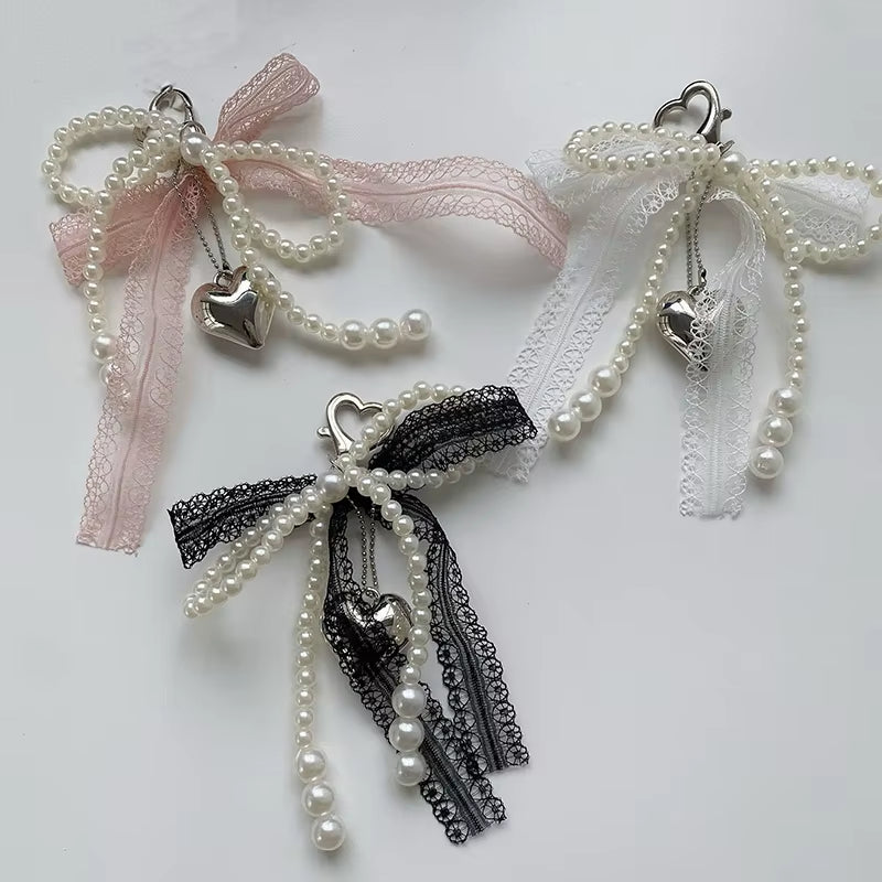 "Lovely Lace Bow Keychain with Beads ; Phone Charm Strap Pendant and Bag Accessory for Females"