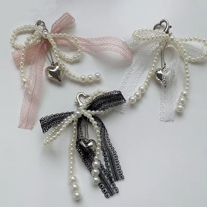 "Lovely Lace Bow Keychain with Beads ; Phone Charm Strap Pendant and Bag Accessory for Females"