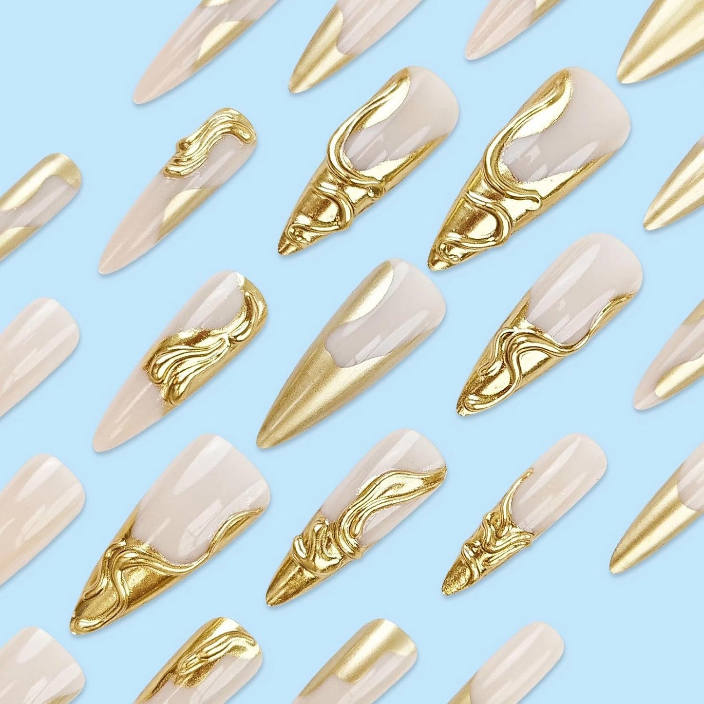 Press on Nails - Long Stiletto Fake Nails, Acrylic 3D Gold Chrome Design 24 Pcs