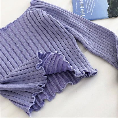 Autumn off Shoulder Crop Top Knitted T Shirts Hot Sale Long Sleeve Solid Short T-Shirts for Women Clothing Fashion Slim T-Shirt