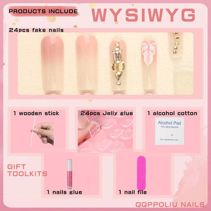 Press on Nails, Square Nails with Flower and Rhinestones Design, Perfect for Prom/Party/Holiday, Gift for Women (Khaki)