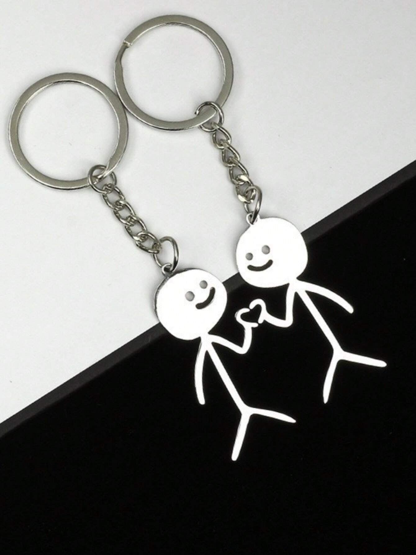 1 Set of 2 Unisex Funny Stick Figure Heart Shaped Keychain, Cute Novelty Gifts for Best Friends/Couples, Bag Charms Car Accessories Backpack for School Goth Y2K