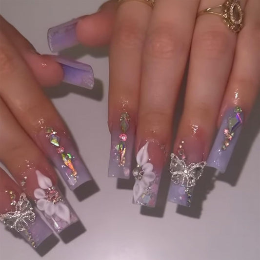 Press on Nails Long Square Fake Nails Purple Gradient Glossy False Nails Full Cover Glue on Nails with Butterfly Rhinestone Designs Artificial Summer Acrylic Squoval Nail Kit