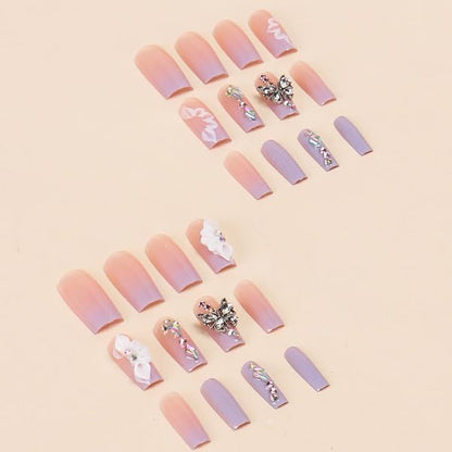 Press on Nails Long Square Fake Nails Purple Gradient Glossy False Nails Full Cover Glue on Nails with Butterfly Rhinestone Designs Artificial Summer Acrylic Squoval Nail Kit