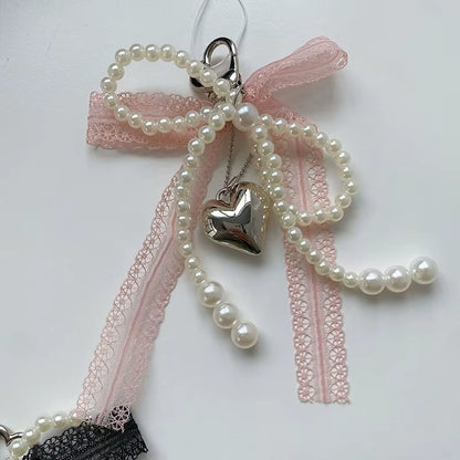 "Lovely Lace Bow Keychain with Beads ; Phone Charm Strap Pendant and Bag Accessory for Females"