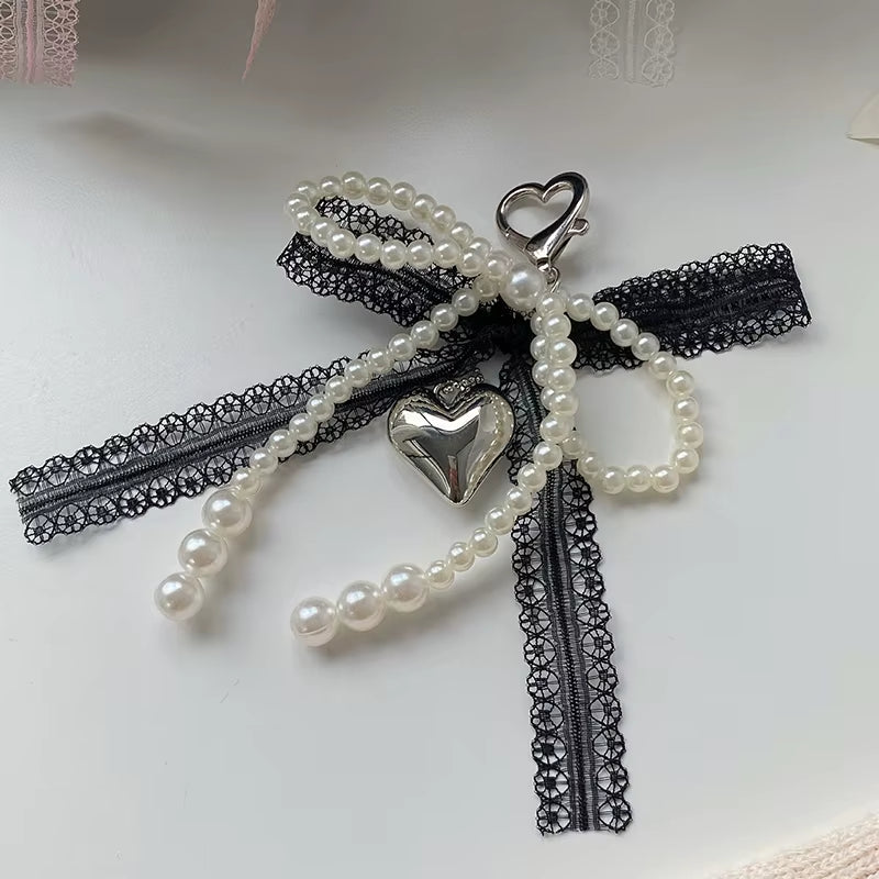 "Lovely Lace Bow Keychain with Beads ; Phone Charm Strap Pendant and Bag Accessory for Females"