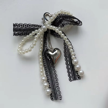 "Lovely Lace Bow Keychain with Beads ; Phone Charm Strap Pendant and Bag Accessory for Females"