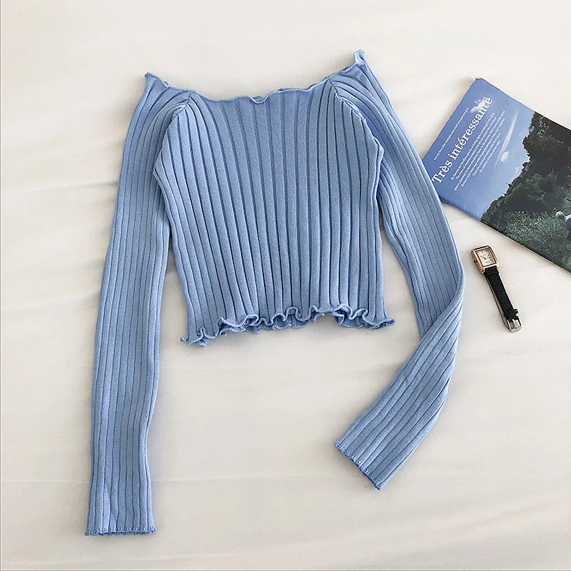 Autumn off Shoulder Crop Top Knitted T Shirts Hot Sale Long Sleeve Solid Short T-Shirts for Women Clothing Fashion Slim T-Shirt