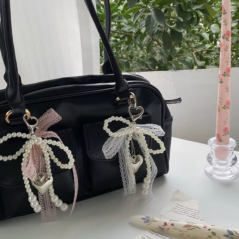 "Lovely Lace Bow Keychain with Beads ; Phone Charm Strap Pendant and Bag Accessory for Females"