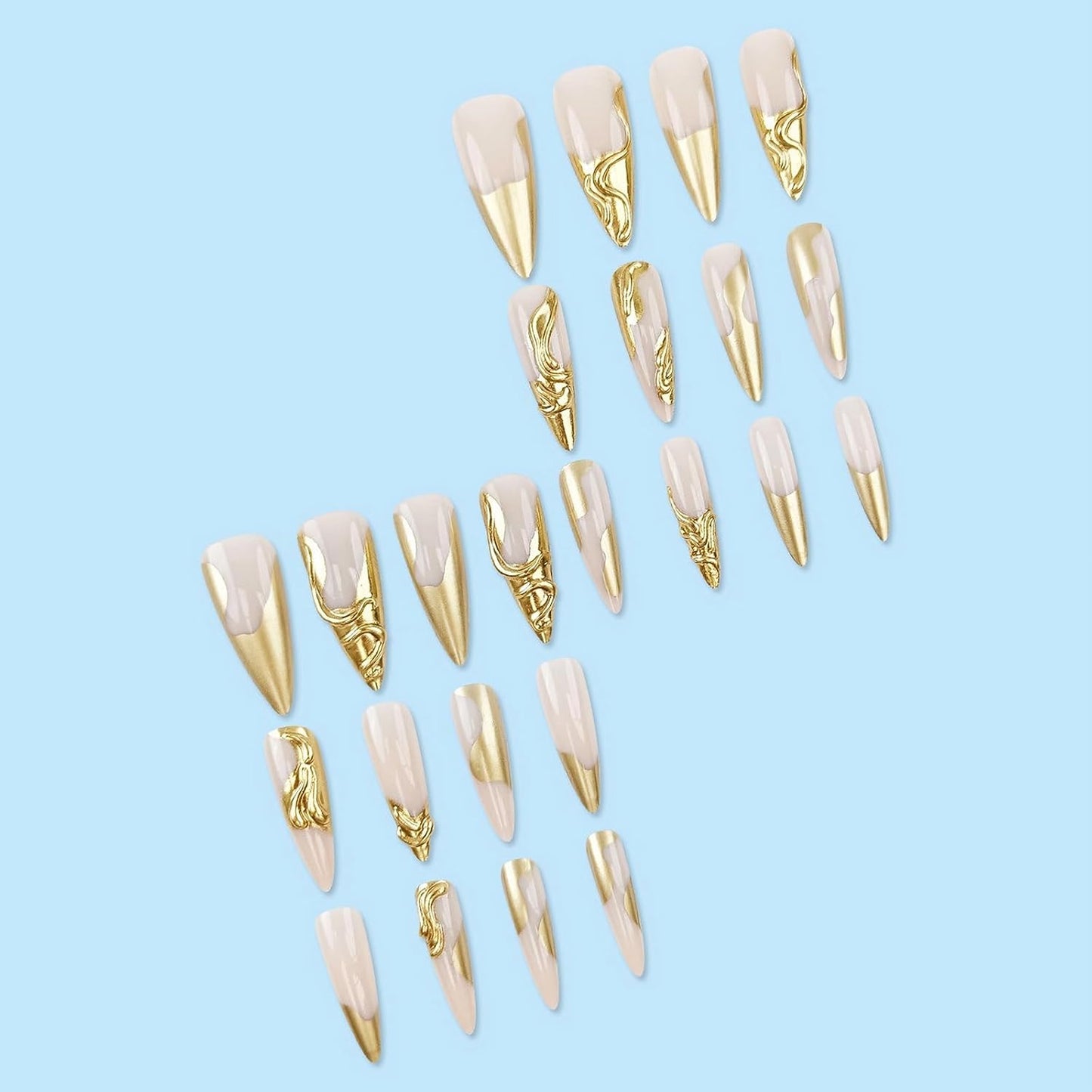 Press on Nails - Long Stiletto Fake Nails, Acrylic 3D Gold Chrome Design 24 Pcs