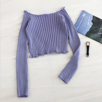 Autumn off Shoulder Crop Top Knitted T Shirts Hot Sale Long Sleeve Solid Short T-Shirts for Women Clothing Fashion Slim T-Shirt