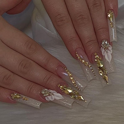 Press on Nails, Square Nails with Flower and Rhinestones Design, Perfect for Prom/Party/Holiday, Gift for Women (Khaki)