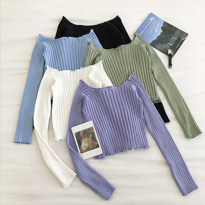 Autumn off Shoulder Crop Top Knitted T Shirts Hot Sale Long Sleeve Solid Short T-Shirts for Women Clothing Fashion Slim T-Shirt