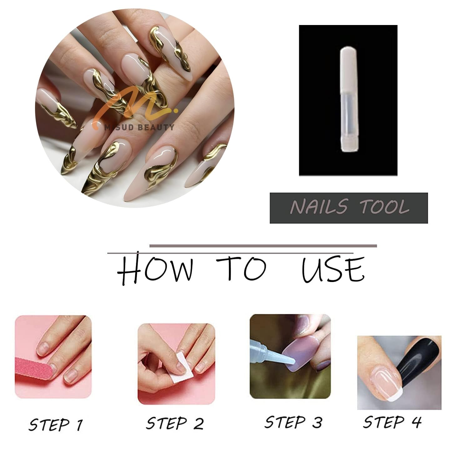 Press on Nails - Long Stiletto Fake Nails, Acrylic 3D Gold Chrome Design 24 Pcs