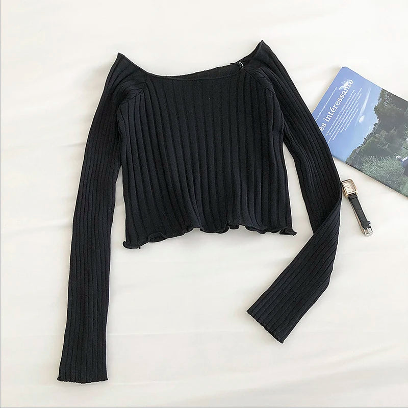 Autumn off Shoulder Crop Top Knitted T Shirts Hot Sale Long Sleeve Solid Short T-Shirts for Women Clothing Fashion Slim T-Shirt