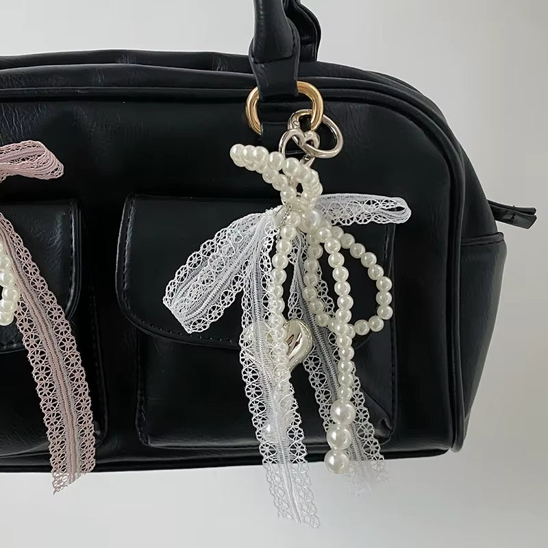 "Lovely Lace Bow Keychain with Beads ; Phone Charm Strap Pendant and Bag Accessory for Females"