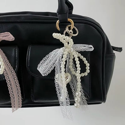 "Lovely Lace Bow Keychain with Beads ; Phone Charm Strap Pendant and Bag Accessory for Females"