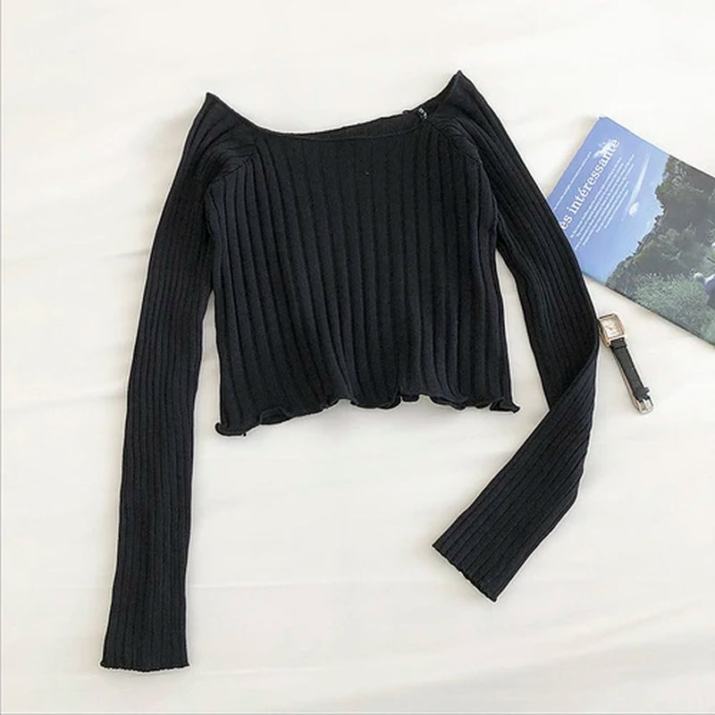 Autumn off Shoulder Crop Top Knitted T Shirts Hot Sale Long Sleeve Solid Short T-Shirts for Women Clothing Fashion Slim T-Shirt