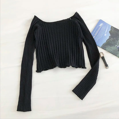 Autumn off Shoulder Crop Top Knitted T Shirts Hot Sale Long Sleeve Solid Short T-Shirts for Women Clothing Fashion Slim T-Shirt