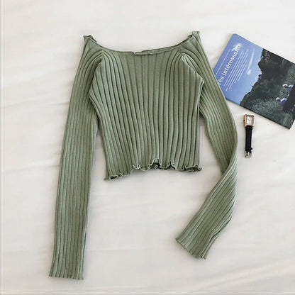 Autumn off Shoulder Crop Top Knitted T Shirts Hot Sale Long Sleeve Solid Short T-Shirts for Women Clothing Fashion Slim T-Shirt