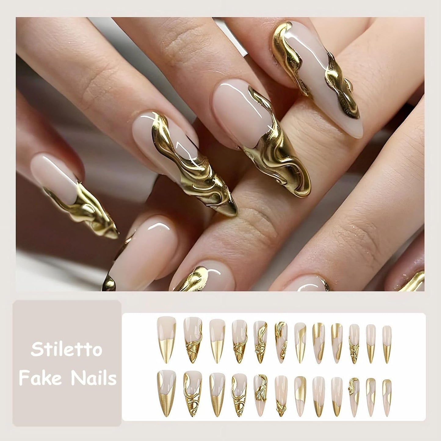 Press on Nails - Long Stiletto Fake Nails, Acrylic 3D Gold Chrome Design 24 Pcs