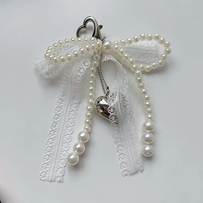 "Lovely Lace Bow Keychain with Beads ; Phone Charm Strap Pendant and Bag Accessory for Females"