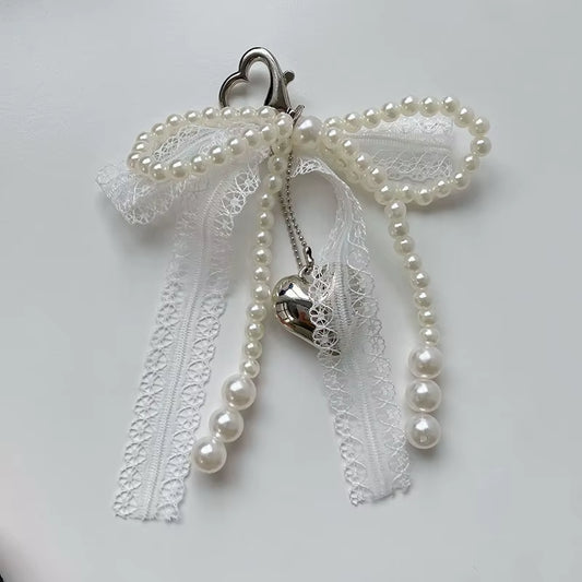 "Lovely Lace Bow Keychain with Beads ; Phone Charm Strap Pendant and Bag Accessory for Females"